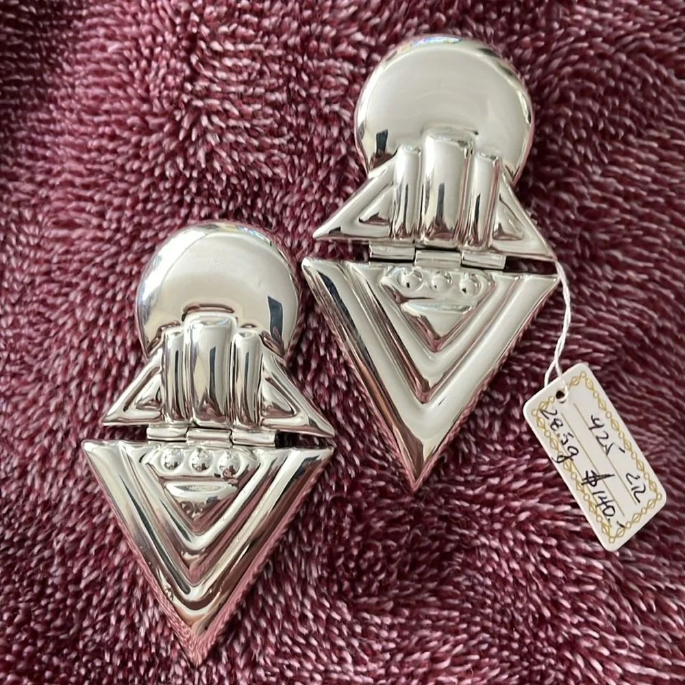 Sterling Silver Geometric Clip Earrings - Picture 5 of 11